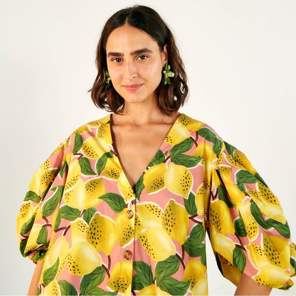 FARM Rio Yellow Pink Lemon Print Puff Sleeve Blouse - Picture 5 of 5
